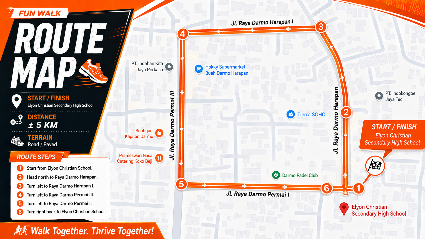 Elyon Fun Walk route map showing the five-kilometre route, start and finish point, and six route steps